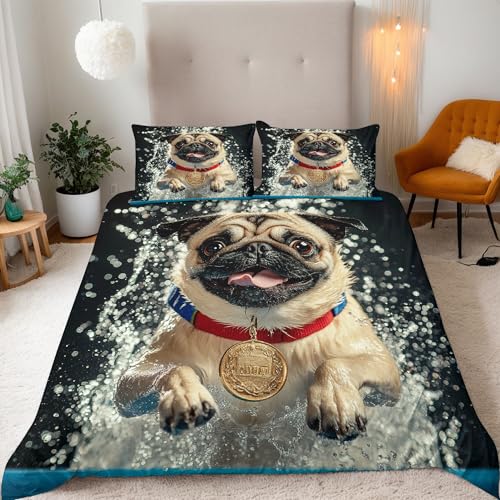 Bettwäsche-Sets Süßer Mops Bettwäsche 155x220 Kinder 3 Teilig Atmungsaktive Mikrofaser 3D Effekt Artikel Tier Bettbezüge Mit Reißverschluss Und 2 Kissenbezüge 80x80 cm