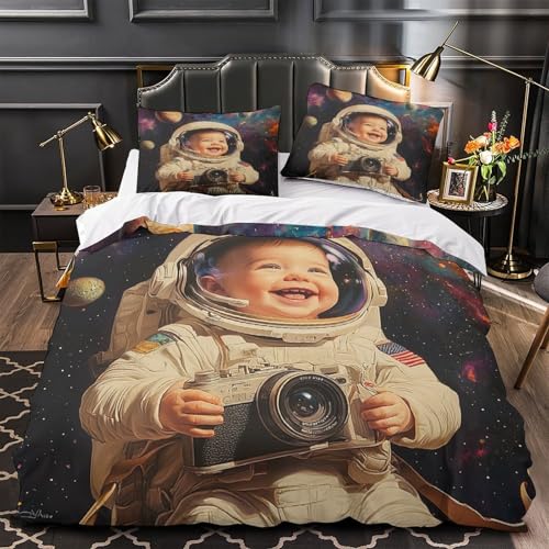 MQBASHIRP Baby-Astronaut 3D Bedruckt Bettbezug 3teilig Mikrofaser pflegeleicht Weltraumabenteuer Bettdeckenbezug 2 Kissenbezüge atmungsaktiv Familienzimmer Deko Super King?260x220cm?
