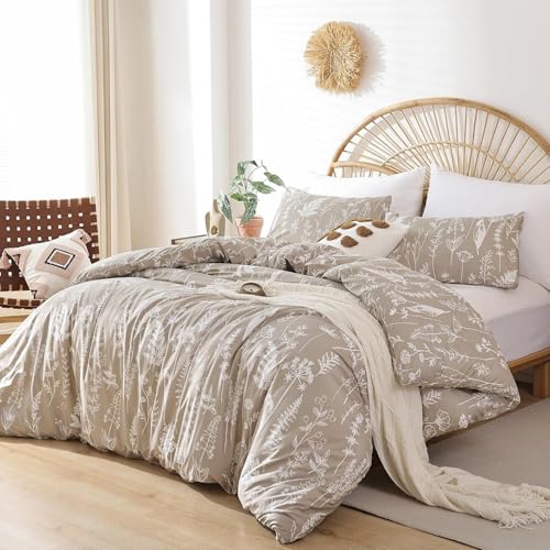 Tospass Bettwäsche 135x200 cm Blumen Blätter Pflanzen Muster Khaki Beige Beige Bettwäsche Set Floral Bettbezug Mikrofaser Wende Bettwäsche 1 Deckenbezug mit Reißverschluss 1 Kissenbezug 80x80 cm