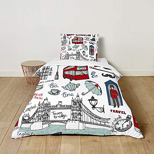 FANSU Kinder Bettwäsche Set, 3D Cartoon Auto Muster Junge Bettwäsche 2 Teilig mit Bettbezug Kissenbezug, Sanft 100% Microfaser Bettwäsche Set (Londoner Bus,135x200cm + 80x80cm)