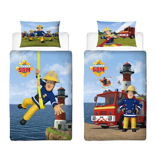 Character World Feuerwehrmann Sam Wende Bettwäsche Set 100x135cm 60x40cm 100% Baumwolle Linon Reißverschluss 2 Motive