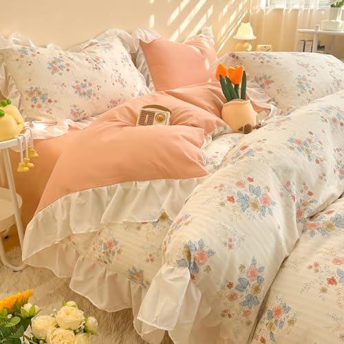 GETIYA Elegant Bunt Blumen Bettwäsche 135x200 Baumwolle Bettbezug mit Rüschen Mädchen Damen Bettwäsche Weiß Orange Wendebettwäsche Einzelbett Blumen Deckenbezug mit 1 Kissenbezug 80x80
