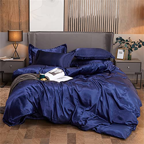 Freyamy Bettwäsche 135x200 4tlg Blau Dunkelblau Uni Bettwäsche Glatt Luxus Seide Satin Angenehm Bettbezug Einfarbig Fabric Bettwäsche Sets 2 Bettbezüge und 2 Kissenbezug 80x80 mit Reißverschlüsse