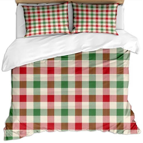 Bettwäsche 200X200 3 Teilig Mikrofaser Weihnachts Bettwäsche Set, 3D Rot, Grün Und Weiß Klassisch Kariert Retro Minimalistische Kunst Muster Angenehme Bettbezug Mit Reißverschluss Und 2 Kissenbezug
