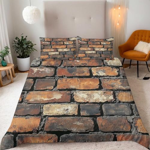 Bettwäsche 140x200 Retro-Ziegelmauer 3D Druck Bettbezug Kuschelig Weich Mikrofaser Bettwäsche Set 3 Teilig Bettwäsche-Sets Landhausstil Bettbezüge mit 2 Kissenbezüge 80x80 cm F-1947
