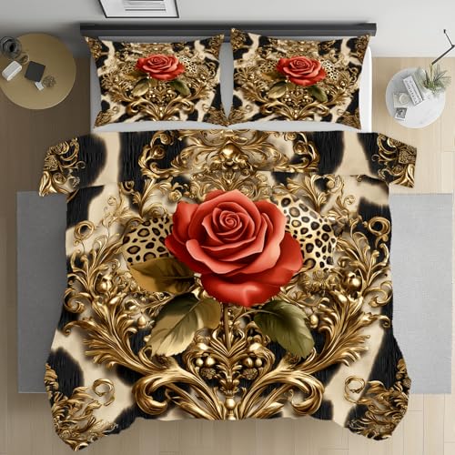 RRUxiia Bettwäsche 140x200cm Weich Leopard Rosen Luxuriös Duvet Cover Set mit Reißverschluss Gepard Anlage Blatt Bettbezüge Sommer Atmungsaktiv Mikrofaser mit 2 Kissenbezüge 80x80cm