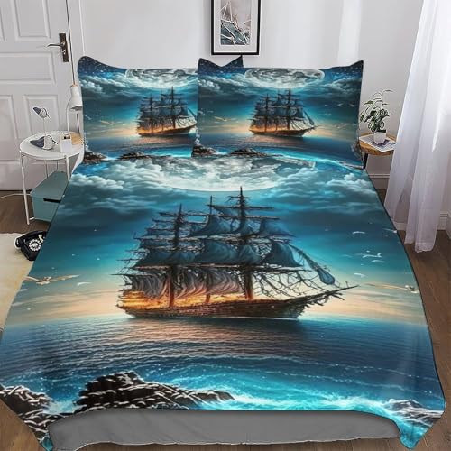 AASWDFR Pirate Ship,Boot 3D Print Bettwäsche Bettbezug Microfaser Deckenbezug 2teilig Mit Kissenbezug Erwachsene Teenager Kinder Bettbezüge Single(135x200cm)