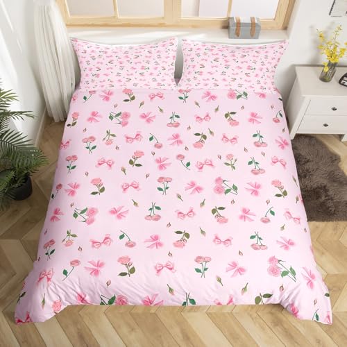 Homemissing Rosa Bowknot Bettbezug Set Mädchen Rose Floral Bettwäsche-Set Blume und Bow Bettwäsche Set 135x200cm Träumige Prinzessin Zimmerdekoration 2Stück