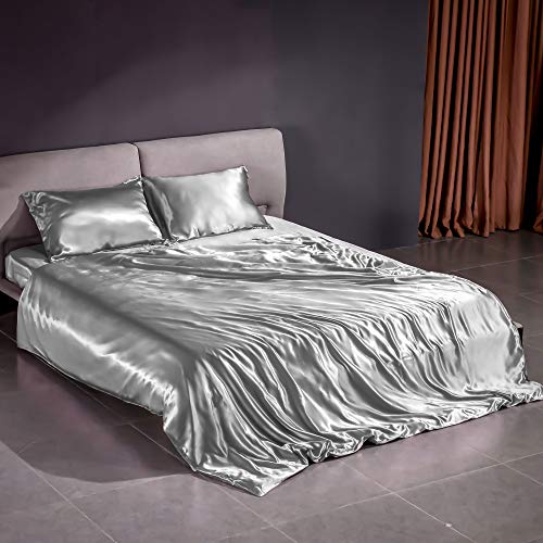 YZCIS Bettlaken-Set aus 100% Seide, 22 Momme 7A+ Seide, 4-teiliges Bettlaken-Set, weich, atmungsaktiv, luxuriöse Bettwäsche (1 Bettbezug, 1 Spannbetttuch, 2 Kissenbezü), Kingsize, Grau