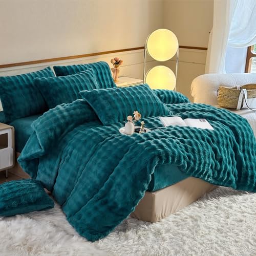 YASMENG Plüsch Bettwäsche 135x200 Winter Warm Petrol Langhaar Bettwäsche Winter Super Weich Flauschig Kaninchenfellimitat Bettbezug Set 2 Teilig für Kinder mit Reißverschluss und 80x80 cm Kissenbezug