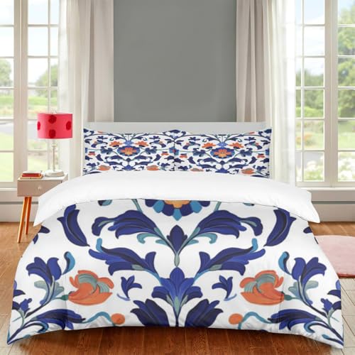 Blumen Bettwäsche 3teilig, Blaues Und Orangefarbenes Blumenmuster, 1 Bettbezüge + 2 Kissenbezüge, Atmungsaktives Und Weiches Gewebe, Schlichter Und Eleganter Stil