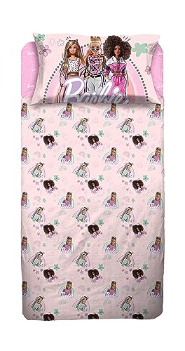 hermet - Barbie Bettlaken für Einzelbett, Bettwäsche-Set, Rosa, Mädchen, Bettwäsche für Kinderzimmer, Bettlaken, Spannbettlaken, Kissenbezug 50 x 80, 100% Baumwolle, offizielles Produkt (6337 673