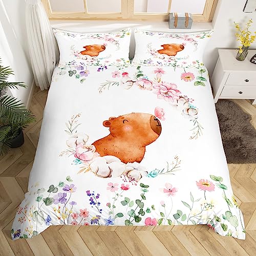 Aquarell Capybara Bettwäsche Sets 135x200 für Kinder Bunte Blumen Tröster Abdeckung, Rosa Schmetterling Bett Set Kawaii Tier Bettbezug, Botanische Pflanzen Bettdecke Cover Weiß (Reißverschluss)