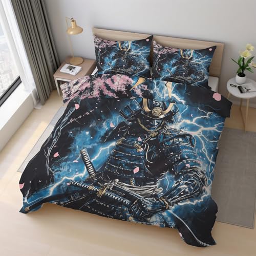 Generisch Japanische Samurai Bettwäsche 135x200cm, Kirschblüten Ninja Asiatisch Orientalisch Bettwäsche-Sets 2 Teilig, Bettbezug + 1 Kissenbezüge 80x80cm Weich Mikrofaser mit Reißverschluss 21D&-22