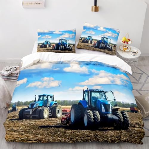 NUEYSP Bettwäsche 200x220 Traktor Bettwäsche-Sets 3D-Motiv, Mikrofaser, 1 Bettbezug 200x220 + 2 Kissen 80x80 mit Verdecktem ReißVerschluss für Mädchen Jungen.