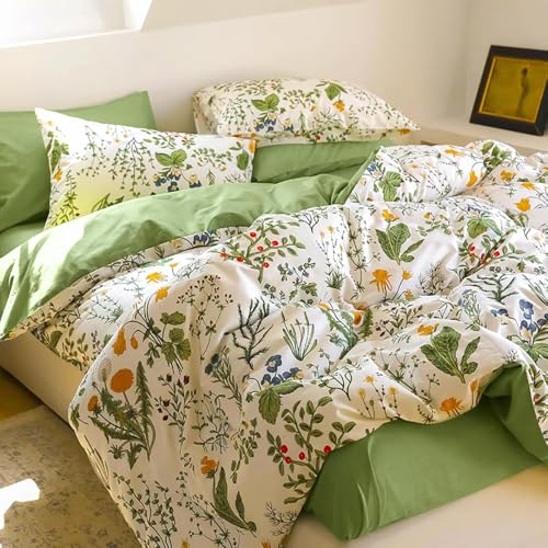 Covebett Bettwäsche Baumwolle 155x220 Grün Blümchen Bunt Blumen Klein Geblümt Muster Bettbezug Set Aesthetic Botanisch Blumenwiese Blumenmuster Deckenbezug Reißverschluss und Kissenbezug 80x80cm