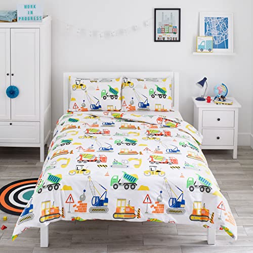 Bloomsbury Mill - Bettwäsche 200 x 200 cm Bagger Thema für Kinder - Doppelbett-Bettwäscheset Fahrzeuge für Jungen und Mädchen- Wendebettwäsche - und 2 Kissenbezug Set