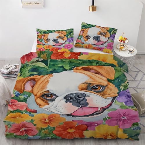 YZQGLHP Bulldogge Bettwäsche 135x200 Mops, Wendebettwäsche & Zimmer Deko, Weiche Microfaser Bettbezug Set 2 Teilig, 2 Kissenbezug 80x80, mit Reißverschluss
