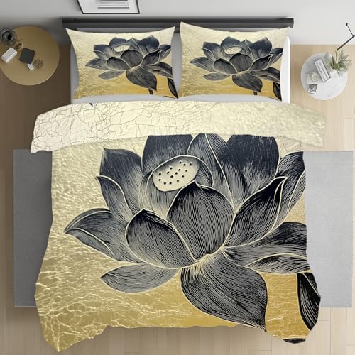 Lotusblume Elegante Blumen SommerBettwäsche 135x200 Schwarz Gold Blumenmuster Aesthetic Bügelfreie Bettwäsche 3teilig mit 2 Kissenbezüge 80x80 cm Mikrofaser Bettbezug Kühlend mit Reißverschluss