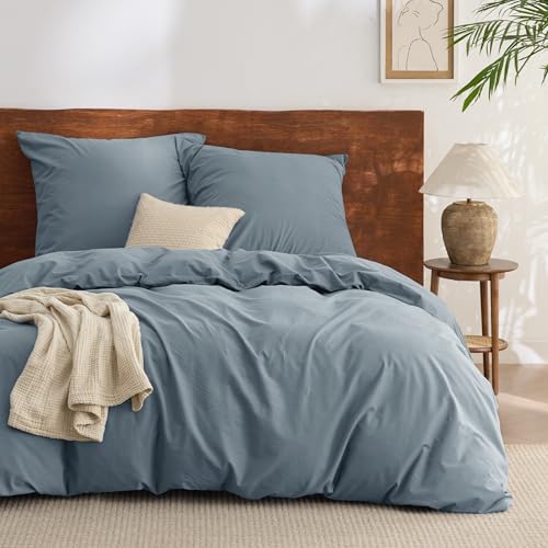 BEDSURE Bettwäsche 200x200 Baumwolle 3teilig - Bettwäsche-Sets Graublau Bettbezug mit 2 Kissenbezüge 80x80 cm, Ähnliche Textur wie Washed Leinen, Oeko-TEX Bedding Blau mit Reißverschluss