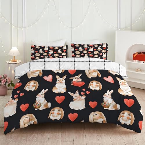 dyausi Kaninchen Bettwäsche 220x240 Schwarz Rot Weiß, Liebe Kariert Bettwäsche Set Microfaser, Wend Bettbezug Niedlich Tier, Deckenbezug mit Reißverschluss und 2 Kissenbezug 80x80 C122