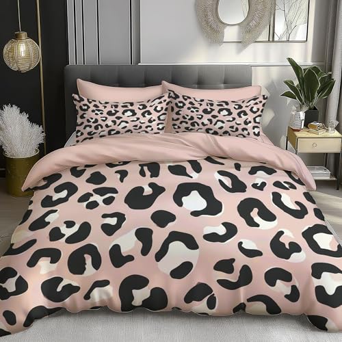 Bettwäsche 2teilig -Rosa Nahtloses Muster Leopard Bettbezüge 135×200 cm + Kissenbezüge 80x80 cm - Bettwäsche-Sets Mikrofaser mit Reißverschluss?Deckenbez ug für Jugendliche Teenager Erwachsene