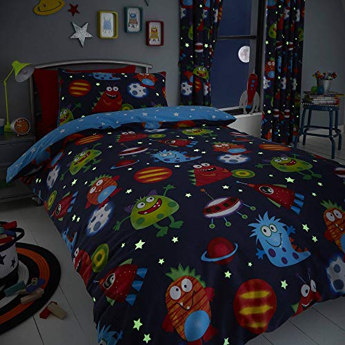 Happy Linen Company Kinder Bettwäsche-Set - Weltall-Motiv mit Monstern & Planeten - leuchtet im Dunkeln - wendbar - Blau - Einzelbett