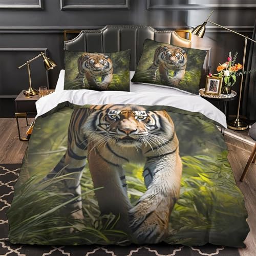 ZZVRMCYLD Tiger im Dschungel, 3D-Digitaldruck, Bettbezug-Set, 3-teilig, Mikrofaser, lichtecht, Wildtier-Bettbezug, 2 Kissenbezüge, Reißverschluss, Bettwäsche, Jungenzimmer, Einzelbett (135 x 200 cm)