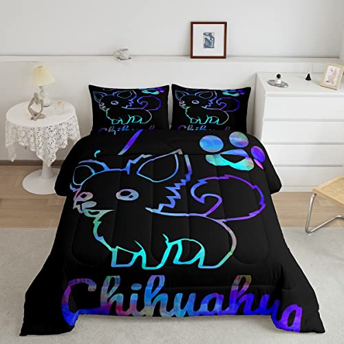 Niedliches Hunde Tröster 155x220 Kinder Jungen Mädchen Cartoon Chihuahua Gesteppte Bettdecke Leuchtendes Kawaii Haustier Tier Bettwäsche Blauer Farbverlauf Welpen Bettwäsche Hundeliebhaber Schwarz