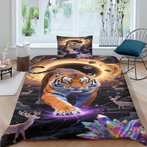 CHUIYUFULAN Tiger Bettbezug Set Bettwäsche Kinderbettwäsche-Set Reißverschluss Mit Kissenbezug, Betten Set Für Jungen Und Mädchen, Kinder Single?135x200cm?