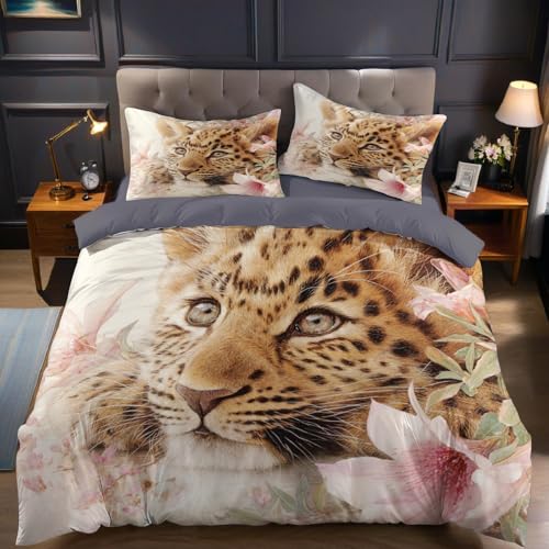 Brown Kinderbettwäsche 135x200 cm Tierischer süßer Leopard Bettwäsche-Sets Mikrofaser weich atmungsaktiv Bettbezug mit Reißverschluss und Kissenbezug 80x80 cm für Jungen und Mädchen