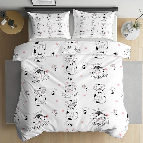 Cendppdj Niedlich Katze Bettwäsche 135x200 cm, Katzenpfote Herzmuster Mikrofaser-Bettbezug, Cartoon Tier Duvet Cover Wendebettwäsche Mit Reißverschluss Und 2 Kissenbezüge