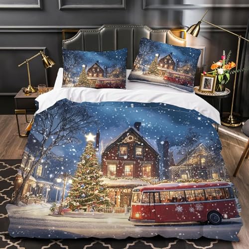 Weihnachtsbaum Landhaus Bettwäsche 200x200 Winter Bettwäsche-Set 3D Weihnachtsbus Verschneiter Nacht Weiche Mikrofaser Bettbezug Aquarell Bettbezüge mit Reißverschluss und 2 Kissenbezüge 80x80 cm h9