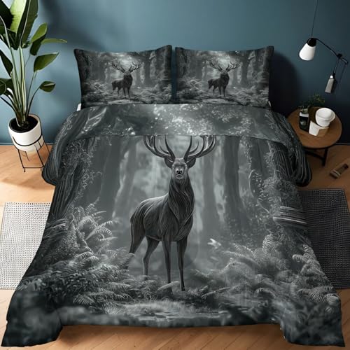 Weiche Bettdecke 200 x 220 cm Bettwäsche, Schwarzgrau Warme Steppdecke Wendbar Decke für Bett - Fantasy Wald Tiere Hirsch Allergiker Leichte Bettdecke Kinder Bettwäsche für Jungen Mädchen Teenager