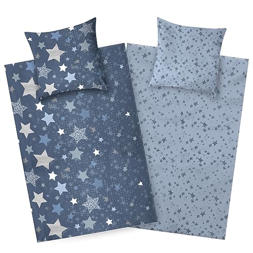 Aminata kids Bettwäsche 135x200 Sterne blau Baumwolle Stern-Motiv, Reißverschluss weich & atmungsaktiv, Sommer-Bettwäsche-Set Jungen und Mädchen - Wendebettwäsche Jugendliche