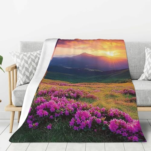 LKINHJGKUT Flanelldecke mit violetten Blumen, Wiese, Berge, malerische Überwurfdecke, Berge, warme Flanelldecke für Bettwäsche, Sofa, Couch, 76 x 102 cm