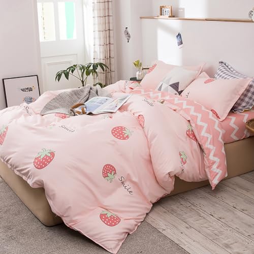 AShanlan Bettwäsche Mädchen 135 x 200 Rosa Erdbeeren Kinderbettwäsche Set Pink Weiß Gestreift 100% Mikrofaser Kinder Bettbezug mit Kissenbezug 80x80 cm
