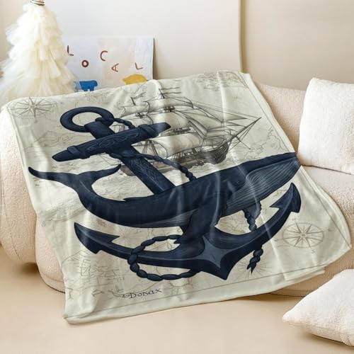 Decke mit Anker-Wal-Motiv, Vintage-Stil, nautisch, Fantasie, Flanell-Überwurf, perfekte Bettwäsche für Ozeanliebhaber (01,130 x 150 cm)