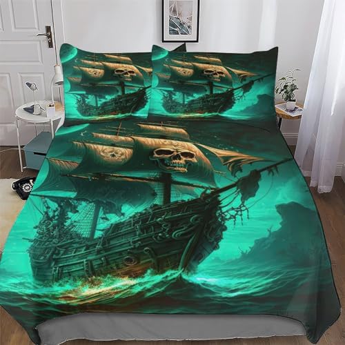 AAPZY Totenkopf Pirate Ship Deckenbezu 3D Mikrofaser Bettbezug Bettwäsche Set 3 Teilig Mit Reißverschluss Und Kissenbezüge Für Erwachsene Teenager Kinder Bettbezüge King (220x240cm)