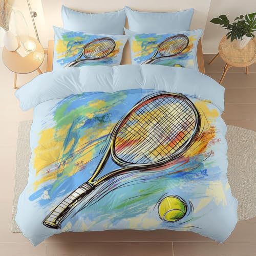 Bettbezug Set Hellblau, Einfache Pflege 3 Teilig 135 x 200 cm und 2 Kissenbezug 80 x 80 cm, Atmungsaktiv Weich Mikrofaser Sommer-Bettwäsche-Sets Sport Graffiti Tennis Thema