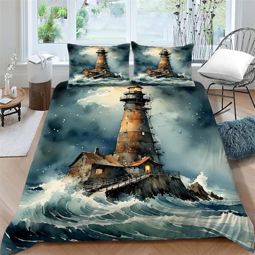 YZQGLHP Kinder Bettwäsche Set Leuchtturm Bettwäsche 135x200 cm Jungen Bettbezug für Mädchen Kids Microfaser Himmlische Qualität Betten Set mit 1 Kissenbezug 80x80cm Einzelbett