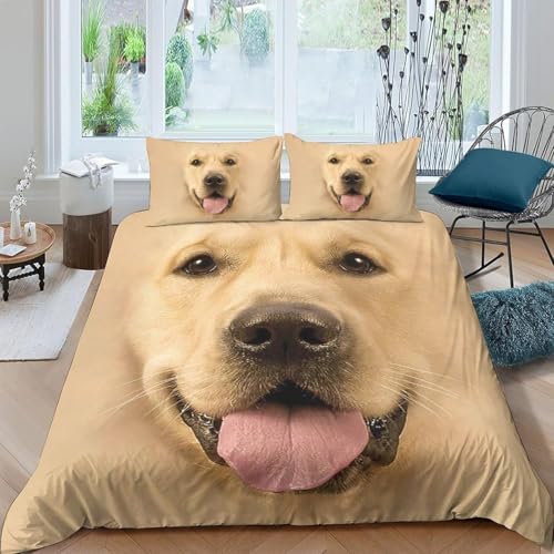 Golden Retriever Bettwäsche 155x220 Niedliche Tiere Bettbezug 3D Weiche Mikrofaser 3 Teilig Bettwäsche-Sets mit Reißverschluss und 2 Kissenbezüge 80x80 cm I.2302
