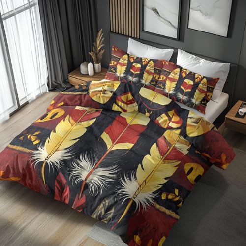 Azteken Federn Bettwäsche 135x200 Bügelfreie - Vintage Landhausstil Muster, Renforce Wendebettwäsche Bettbezug 2er Set Cozy Mikrofaser Mit Reißverschluss, 1 Kissenbezug 80x80, Geschenk Azteken LS450