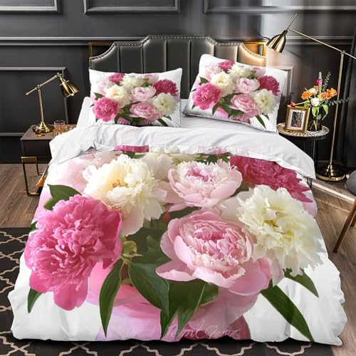 VOXYTMLWG Pink Roses Mikrofaser Weich 3D Gedruckt Bettwäsche 3 Teilig Vintage Blütenmuster Bettbezug mit Reißverschluss for Erwachsene,Frauen,Mädche n,Kinder Single?140x200cm?