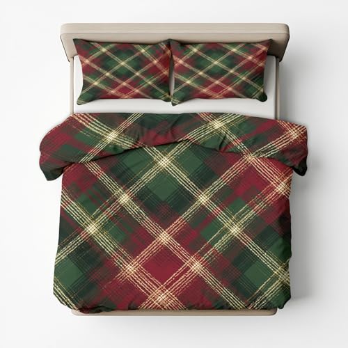 Bettwäsche 155x220 Weihnachten Wende Motiv 2tlg, Schlafzimmer Deko, Frohe Xmas Rot Grün Kariert Feiertag Bettbezug und 1 Kissenbezug 80x80, Weiche Mikrofaser Deckenbezug mit Reißverschluss -f768
