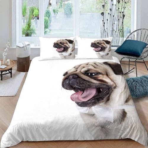 Mops Bettwäsche 140x200 cm Hund Bettwäsche-Sets Superweich Mikrofaser 3 Teilig Haben 1 Bettbezug und 2 Kissenbezüge 80×80cm mit Reißverschluss V.3074