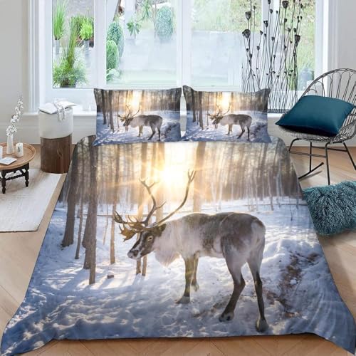 Hirsch Bettwäsche 135x200 Set Kinder Tierischer Winter 2 Teilig Bettbezug 135 x 200 cm 3D Bettwäsche-Sets Weiche Bettbezug Elch Einzelbettbezug Set mit 1 Kissenbezug a.2605