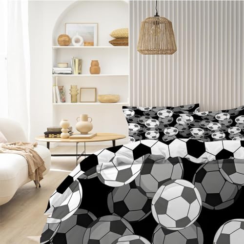 Bettwäsche 200x200 3D Fußball - Atmungsaktiv Mikrofaser Bettwäsche Set 2x2m für Doppelbett - 1 Bettbezüge mit Lustiger Fußball Muster + 2 Kissenbezug 80x80 - Schwarz Weiß
