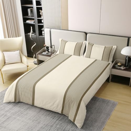 Homemissing Beige Braun Baumwolle Bettwäsche Set 200x200cm Geometrische gestreifte Bettwäsche-Set Moderne Kunst Bettbezug Weich Betten mit 2 Kissenbezüge