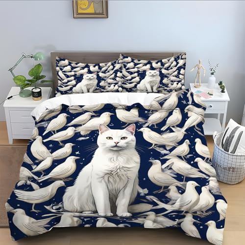 Bettwäsche 200x220 für Katze,Blau Bettbezug 3 Teilig, Mikrofaser Bettwäsche-Set Weicher Flauschig, Bettbezüge mit Reißverschluss Schließung und 2 Kissenbezug 80x80-Tier A469